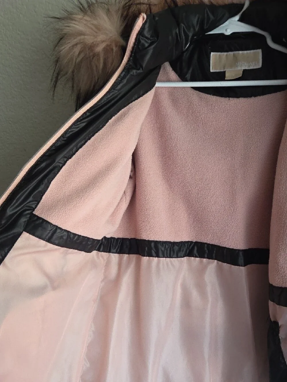 Michael Kors Black Puffer Coat with Pink Faux-Fur Hood Trim
